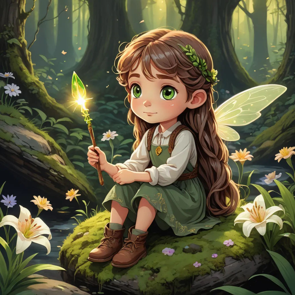 a little girl sitting on a rock holding a wand in a forest with flowers and a tree stump in the background, fantasy art, a storybook illustration, Anne Stokes, fireflies