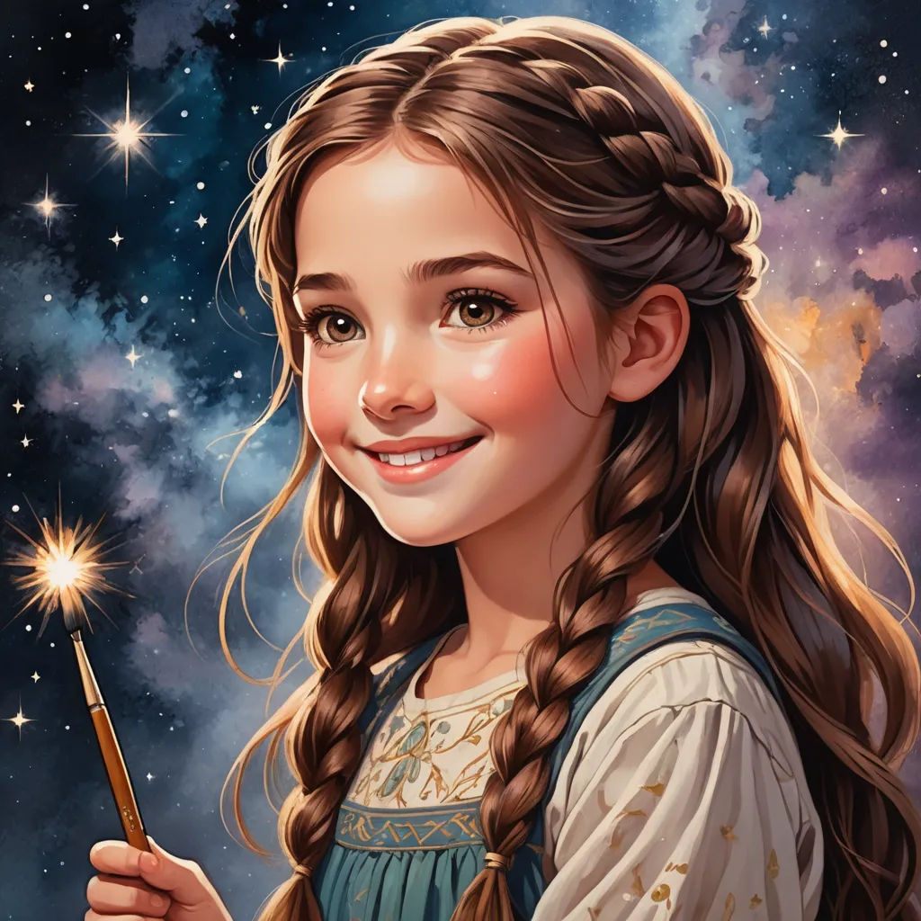 a painting of a girl holding a sparkler in her hand and smiling at the camera with stars in the background, fantasy art, a detailed painting, Bob Byerley, trending on art station