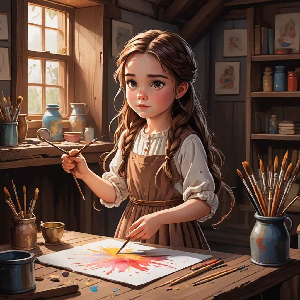 a painting of a girl holding a paintbrush and a palette in her hand while standing in front of a table with paint and brushes, fantasy art, a detailed painting, artist, trending on art station