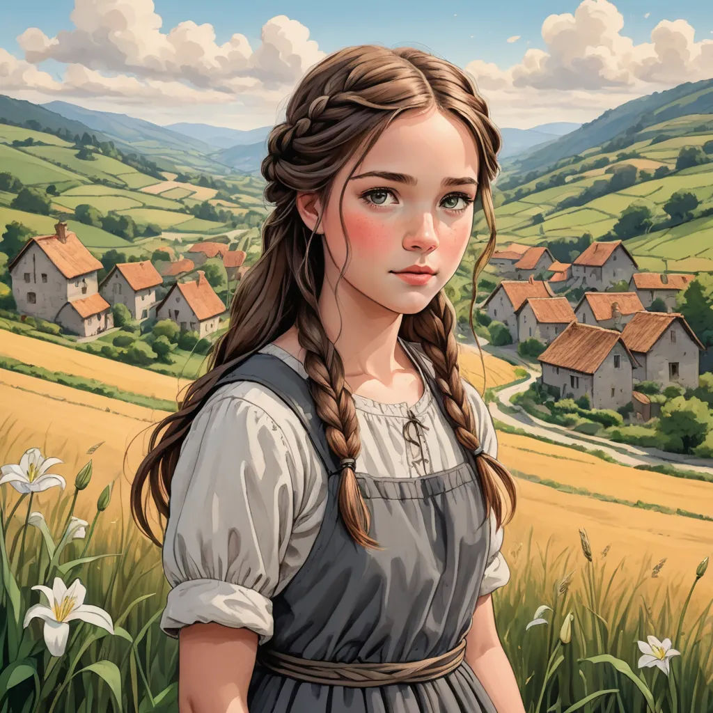 a painting of a girl in a dress standing in a field with a village in the background and a sky with clouds, fantasy art, a detailed painting, Claire Falkenstein, trending on art station