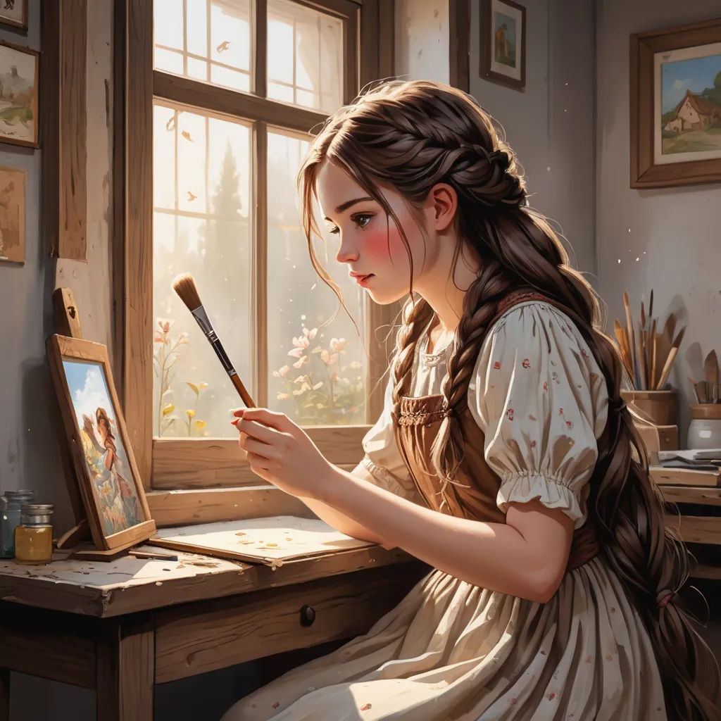 a girl is painting a picture on a easel with a brush and a brush in her hand,, fantasy art, a detailed painting, Artgerm, trending on art station