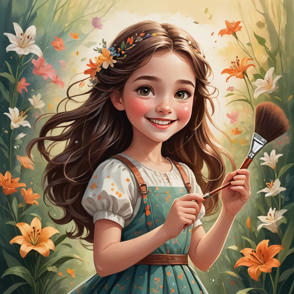 a painting of a girl holding a brush and smiling at the camera with flowers in the background and a butterfly in her hair, fantasy art, a detailed painting, artist, trending on art station