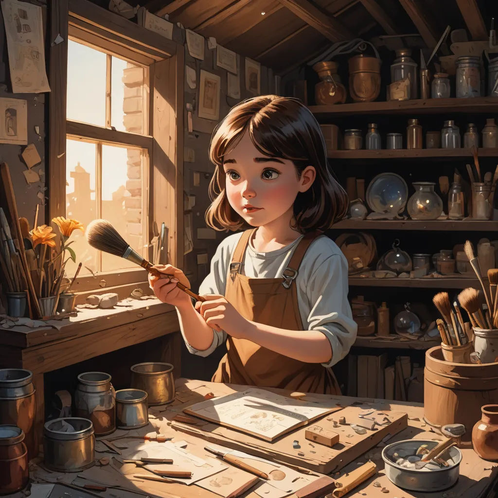 a painting of a girl holding a spoon in a room full of pottery and pots and a window with a view of the city, fantasy art, a detailed painting, Aaron Jasinski, trending on art station