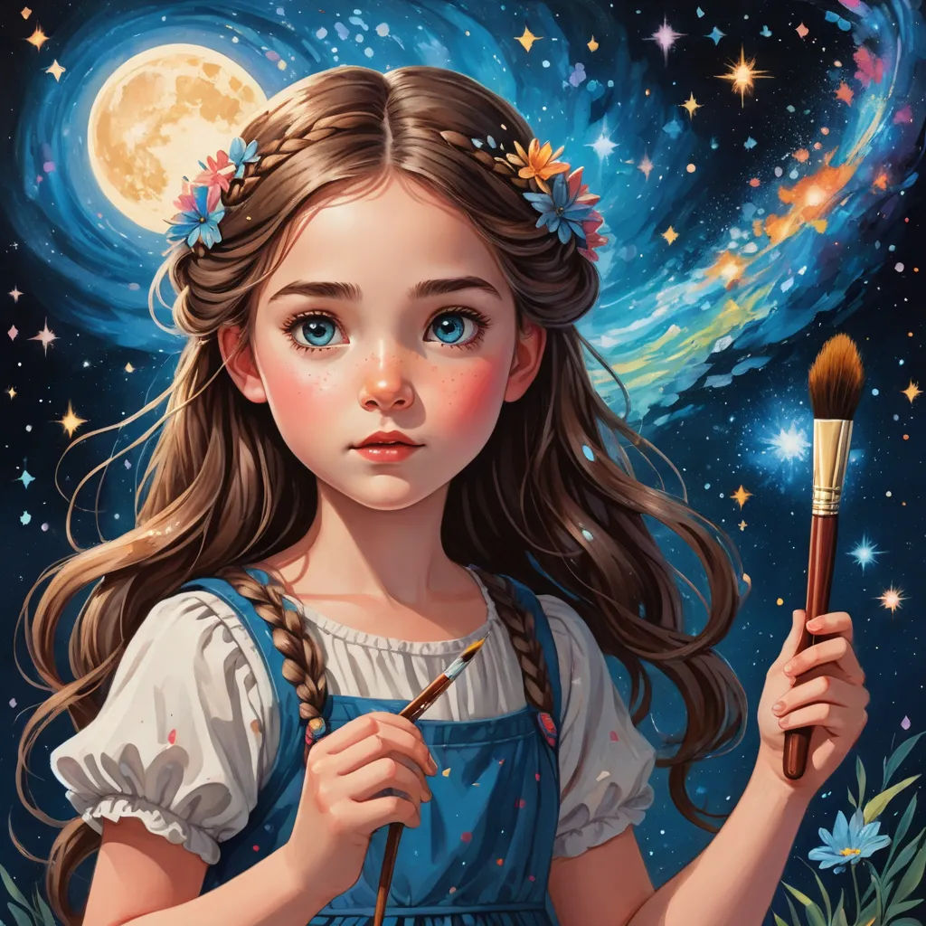 a painting of a girl holding a paintbrush and a paintbrush in her hand with a full moon in the background, fantasy art, a detailed painting, Artgerm, trending on art station