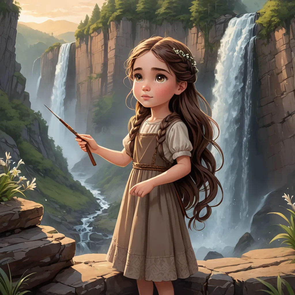 a girl holding a wand in front of a waterfall with a waterfall in the background and a waterfall in the background, fantasy art, a storybook illustration, Cyril Rolando, kinkade