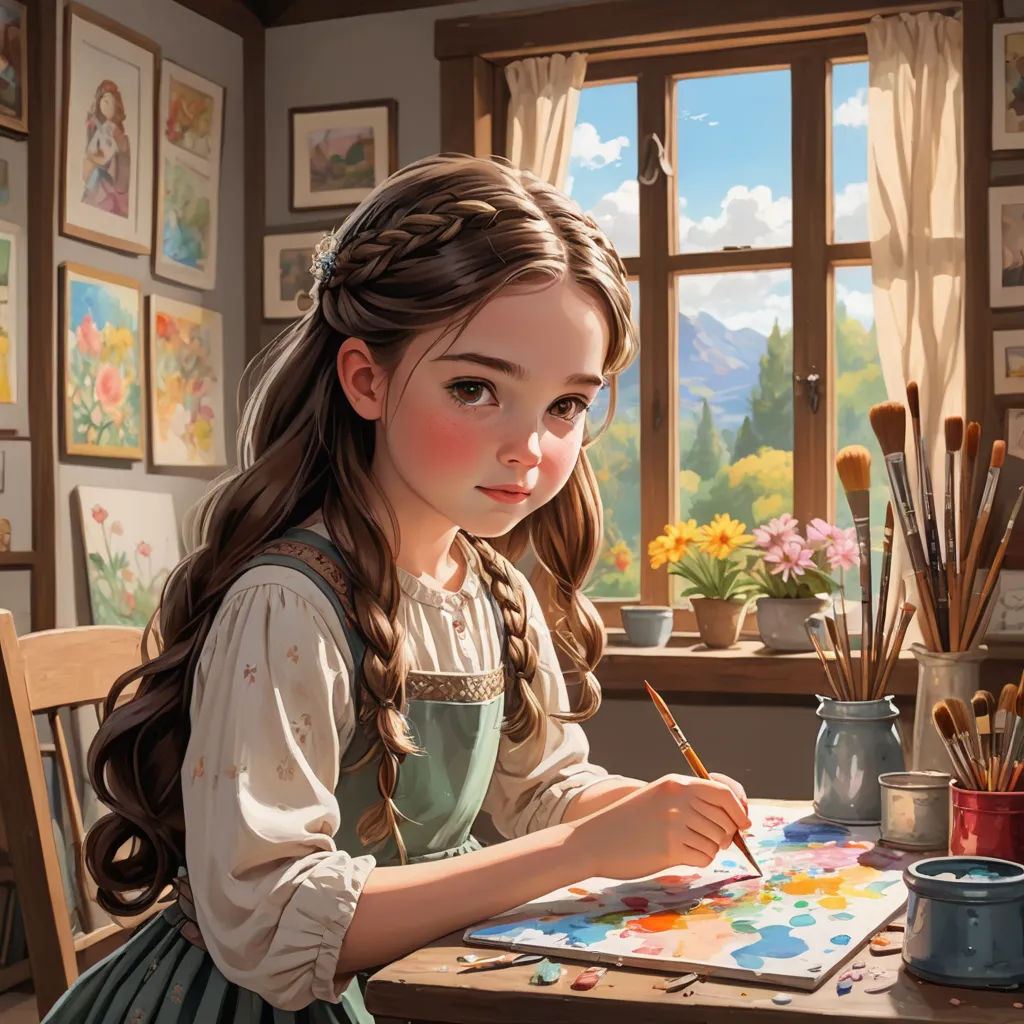 a painting of a girl sitting at a table with a paintbrush and palettes in front of her, fantasy art, a detailed painting, Artgerm, trending on art station