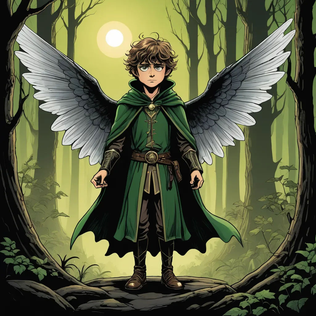 a man in a green coat with wings standing in a forest with trees and a sun in the background, fantasy art, a comic book panel, Cliff Childs, official art