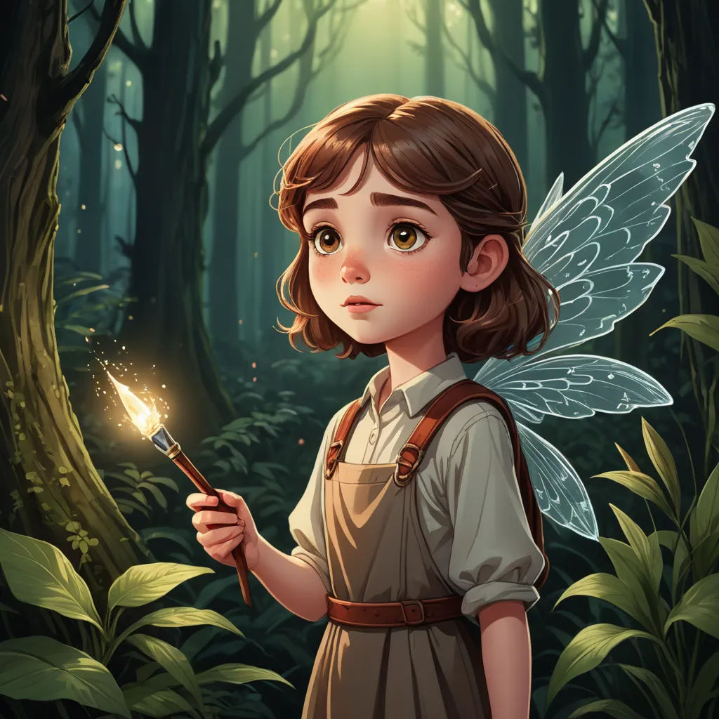 a little girl holding a sparkler in a forest with a light shining on her face and a fairy costume on, fantasy art, a storybook illustration, Clarice Beckett, fireflies