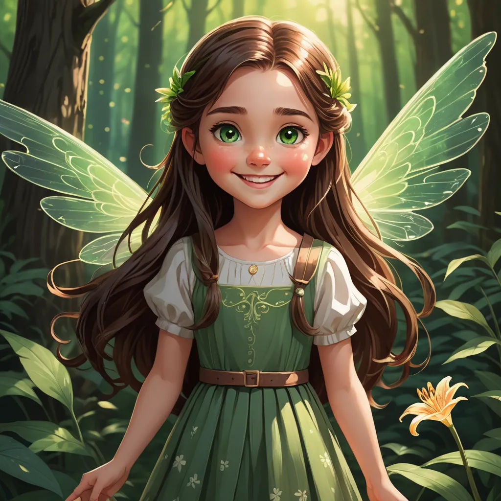 a little girl dressed in a green dress standing in a forest with a flower in her hand and smiling, fantasy art, a storybook illustration, Clarice Beckett, rossdraws global illumination