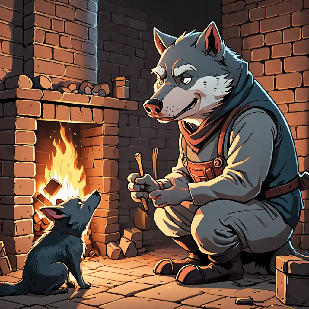a wolf and a dog are sitting in front of a fireplace with a fire in it and a person holding a stick, furry art, a storybook illustration, Caspar Wolf, official art