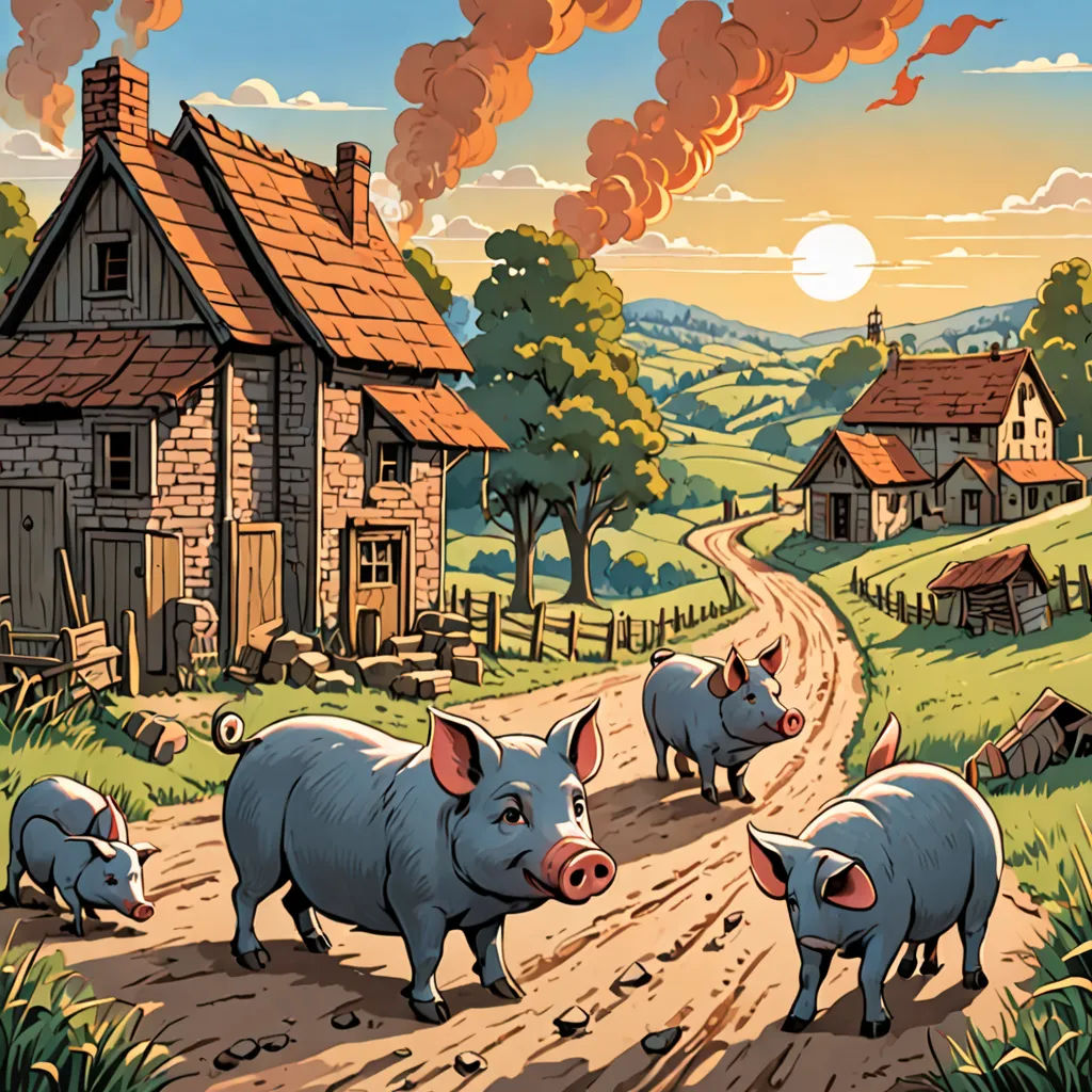 a painting of pigs walking down a dirt road in front of a house with a fire coming out of it, american scene painting, a storybook illustration, Dan Mumford, storybook illustration