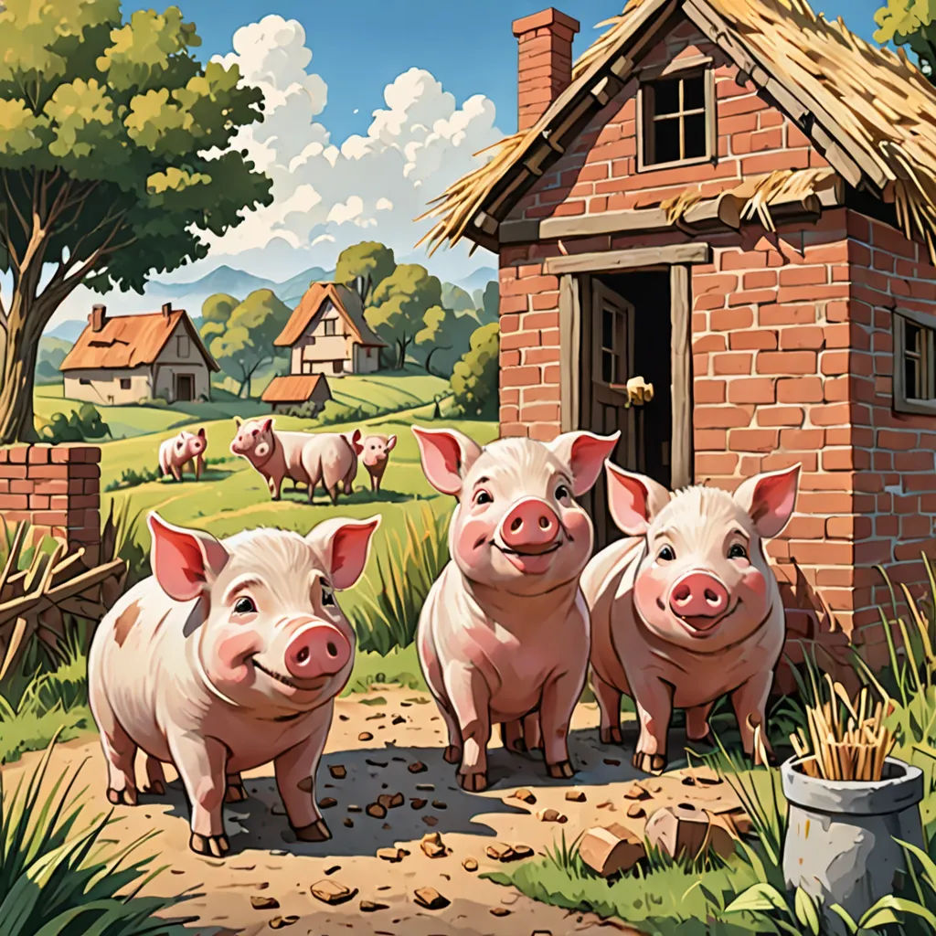 three pigs standing in front of a brick house with a thatched roof and a small brick building with a thatched roof, precisionism, a storybook illustration, David Young Cameron, storybook illustration