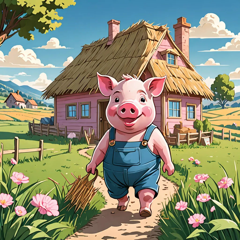 a pig is walking down a path to a house with a thatched roof and a broom in its hand, sots art, a storybook illustration, Chris LaBrooy, storybook illustration