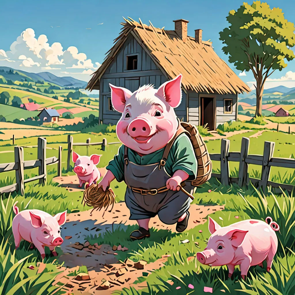 a pig is standing in the grass with pigs in front of a farm house and a fence with a straw, precisionism, a storybook illustration, Dan Mumford, storybook illustration
