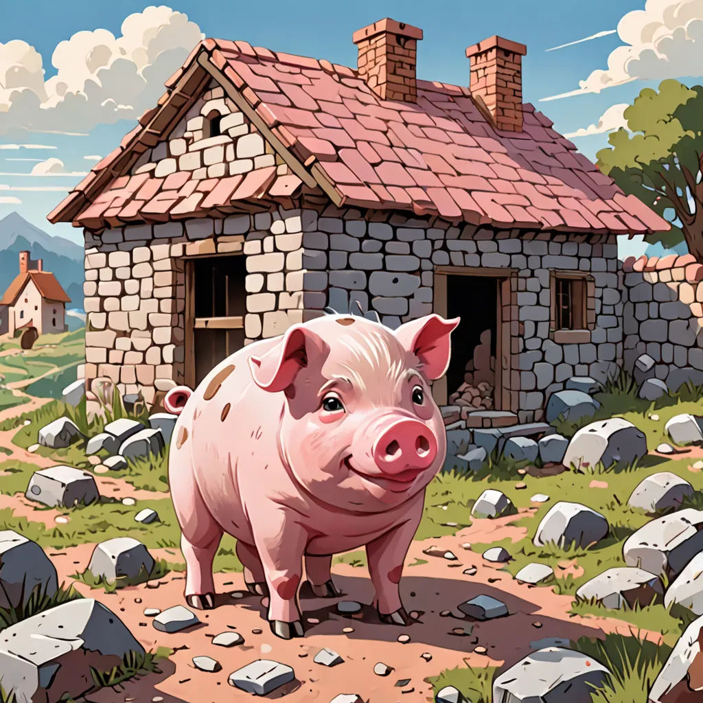 a pig standing in front of a small stone house with a red roof and a red roof shingled, regionalism, a storybook illustration, Chris LaBrooy, storybook illustration