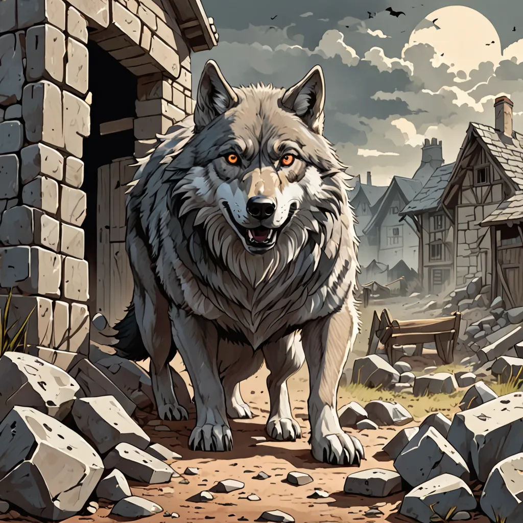 a wolf standing in front of a stone building with a full moon in the background and a full moon in the sky, fantasy art, a comic book panel, Dan Mumford, josan gonzales and dan mumford