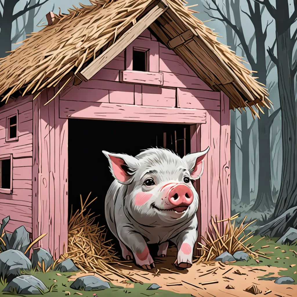 a pig is standing in a pink house with a straw roof and a straw roof on top of it, magical realism, a storybook illustration, Chris LaBrooy, storybook illustration