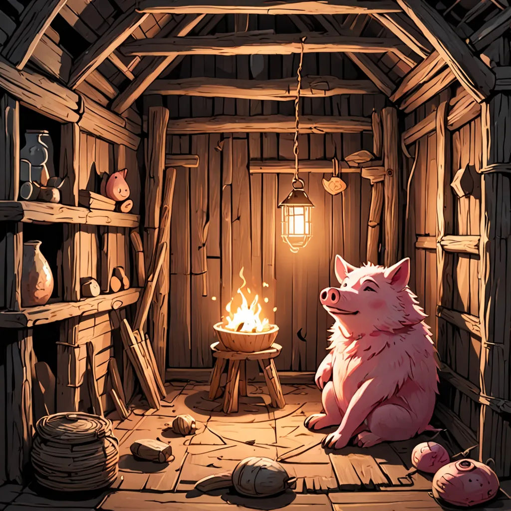 a pig sitting in a room with a fire pit in the corner and a lantern hanging from the ceiling, fantasy art, a storybook illustration, Diego Gisbert Llorens, fantasy illustration