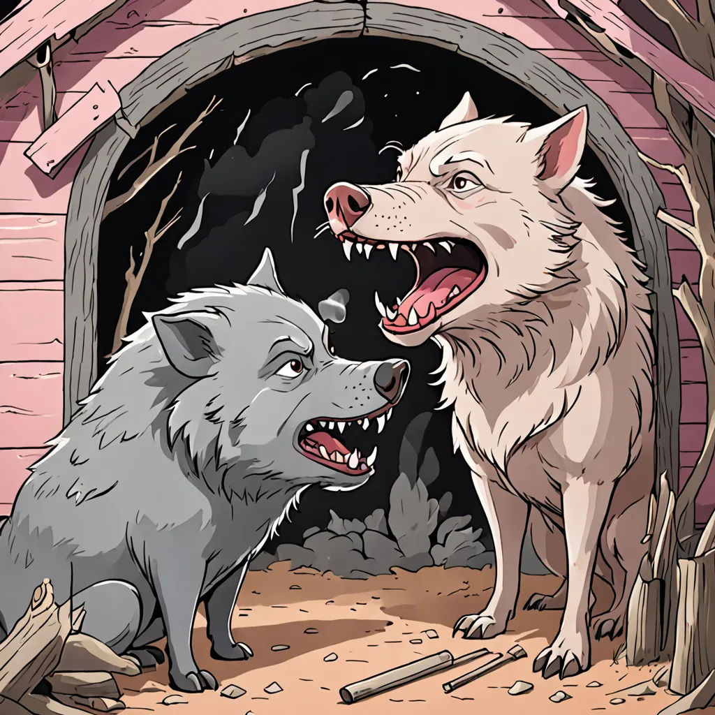 two white dogs are in a cave with a pink door and a pink dog house with a pink door, incoherents, a storybook illustration, Cyril Rolando, storybook illustration