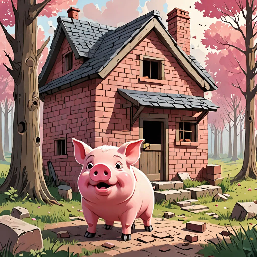 a pig standing in front of a small brick house in the woods with a tree and a brick pathway, sots art, a storybook illustration, Chris LaBrooy, storybook illustration
