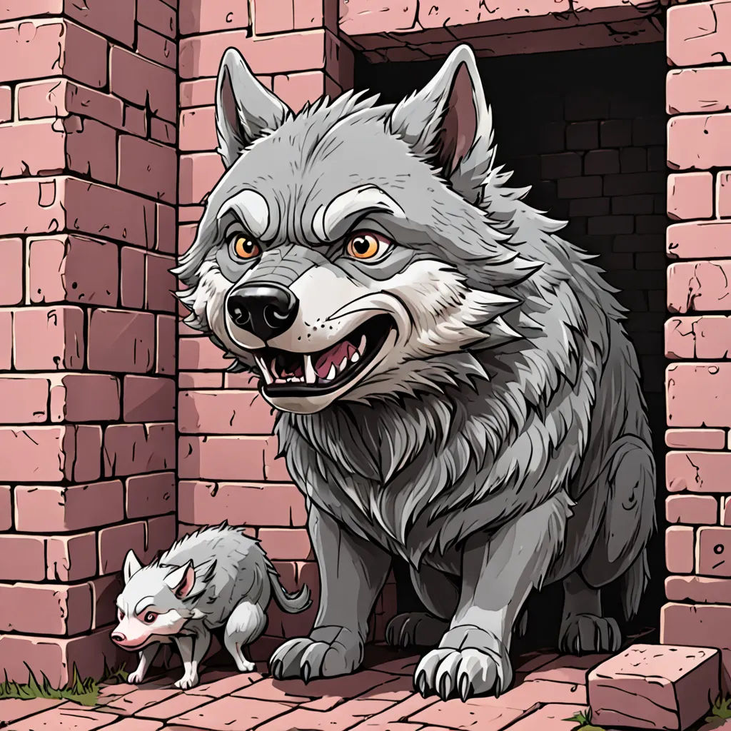 a wolf and a baby are standing in a brick doorway with a brick wall behind them and a brick wall behind them, sots art, a storybook illustration, Caspar Wolf, 2 d game art