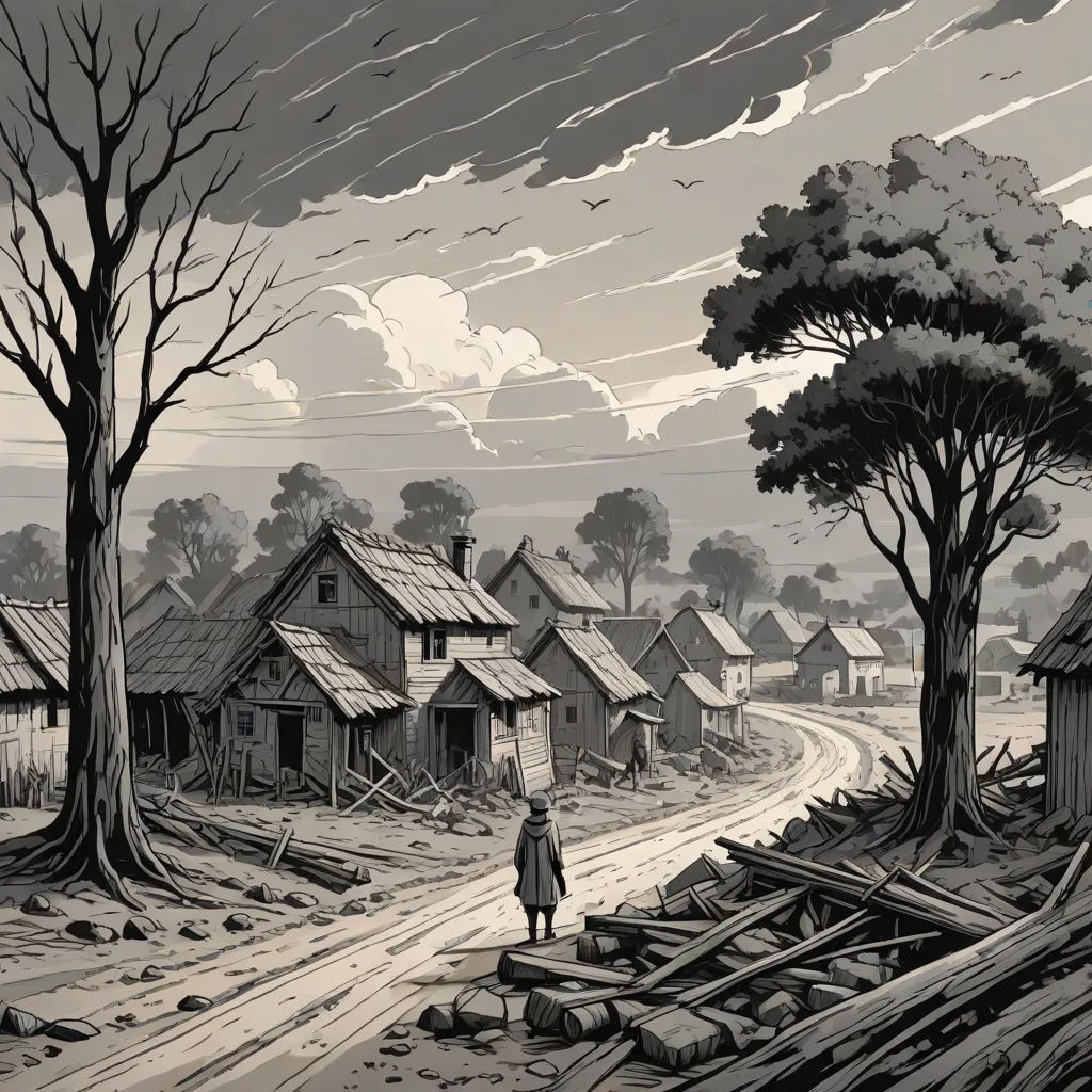 a person standing on a dirt road near a village with houses and trees in the background and a person walking on the road, american scene painting, a detailed matte painting, Art Spiegelman, matte drawing