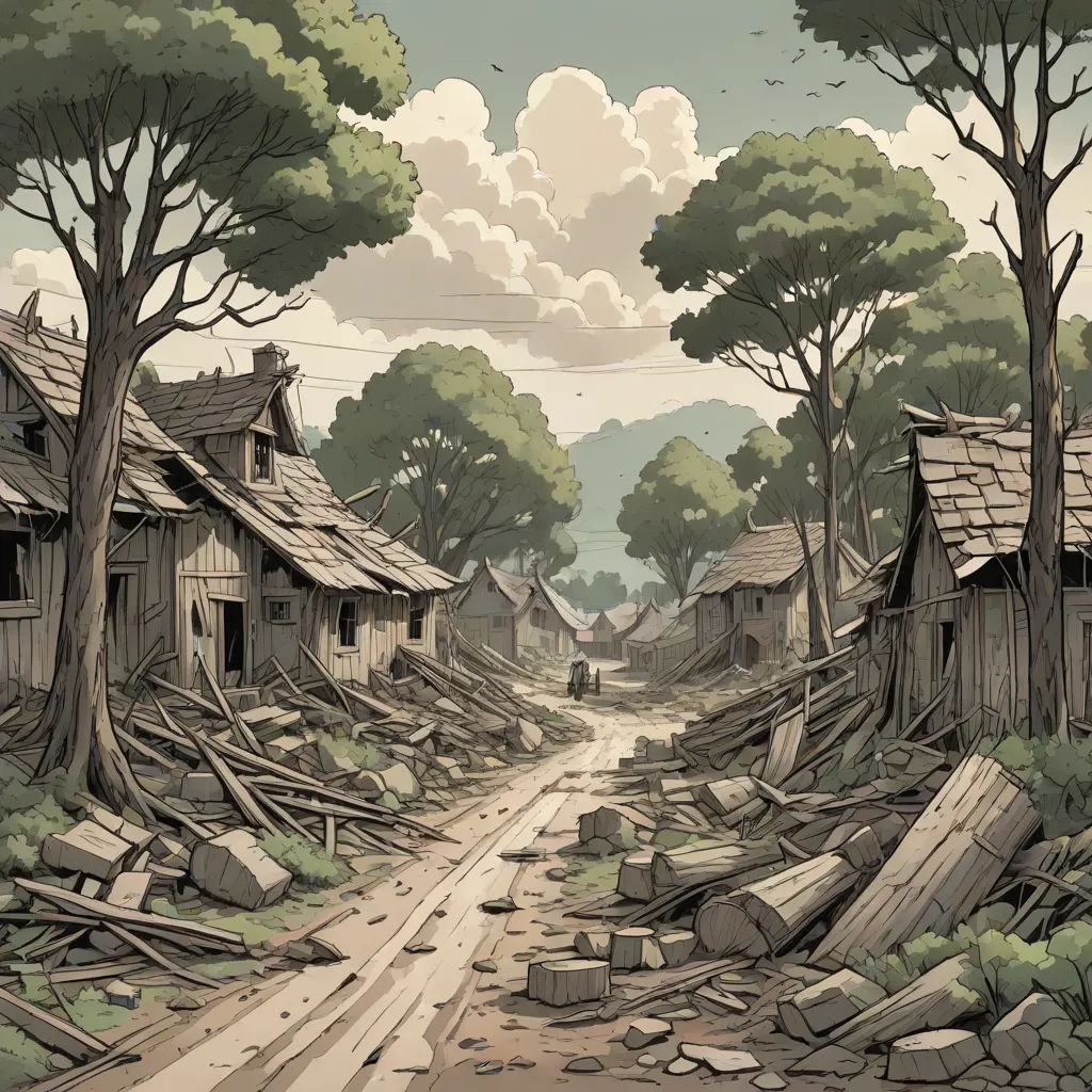 a painting of a dirt road with a bunch of houses on it and a few trees in the background, environmental art, a comic book panel, Farel Dalrymple, 2 d game art