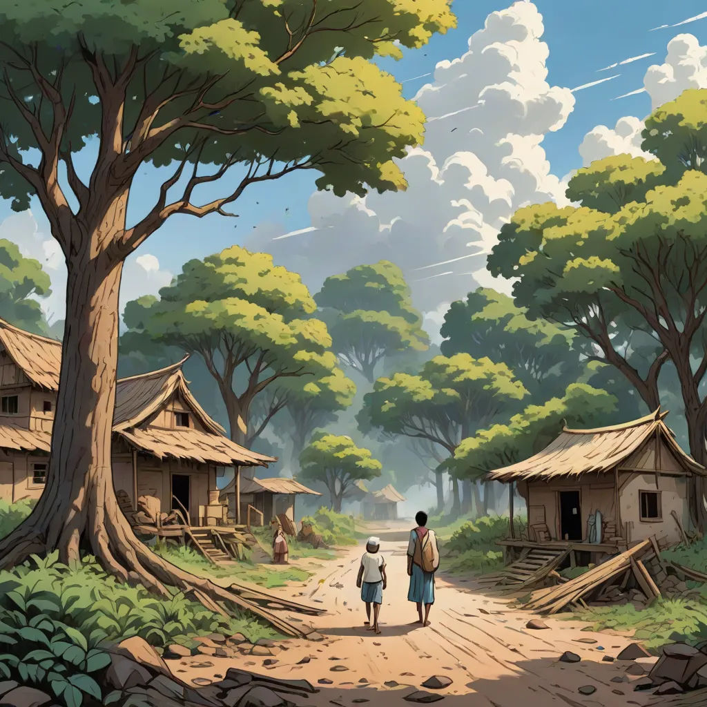 a painting of a couple walking down a dirt road in front of a village with a few huts on the side, environmental art, a detailed matte painting, Akira Toriyama, ghibli