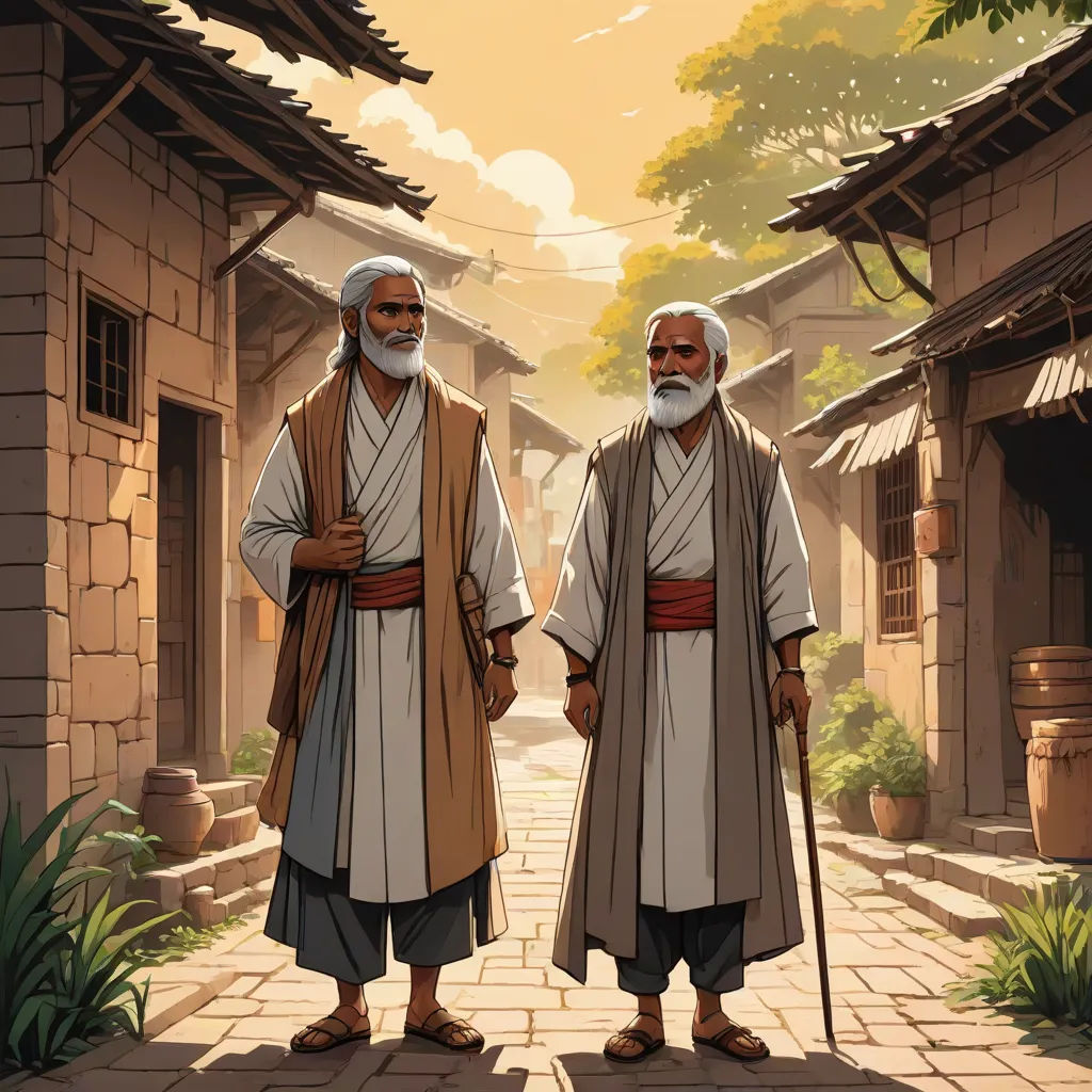 two men standing in a courtyard with a stone walkway and a stone building in the background, with a painting of two men in traditional chinese clothing, incoherents, a storybook illustration, Brothers Hildebrandt, rossdraws global illumination