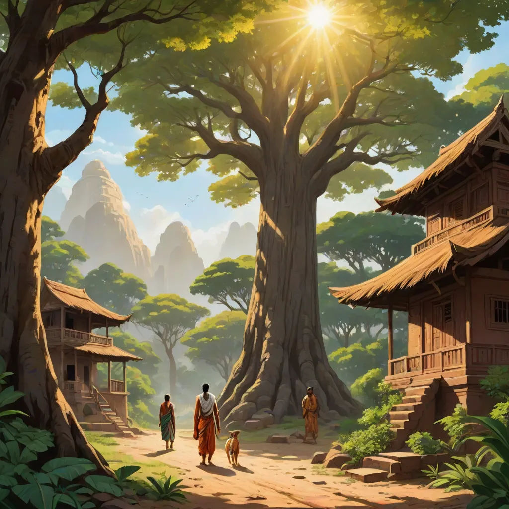 a painting of a man and woman walking down a path with a dog in front of a tree and a hut, fantasy art, a detailed matte painting, Christophe Vacher, cinematic matte painting