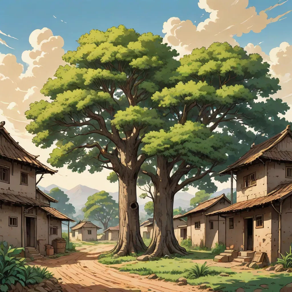 a painting of a village with a tree in the foreground and a dirt road in the background with buildings on both sides, cloisonnism, a detailed matte painting, Akira Toriyama, official art