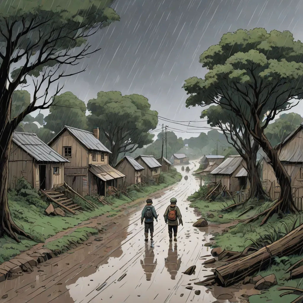 a couple of people walking down a rain soaked road next to a forest filled with trees and houses on a rainy day, environmental art, a comic book panel, Asaf Hanuka, graphic novel