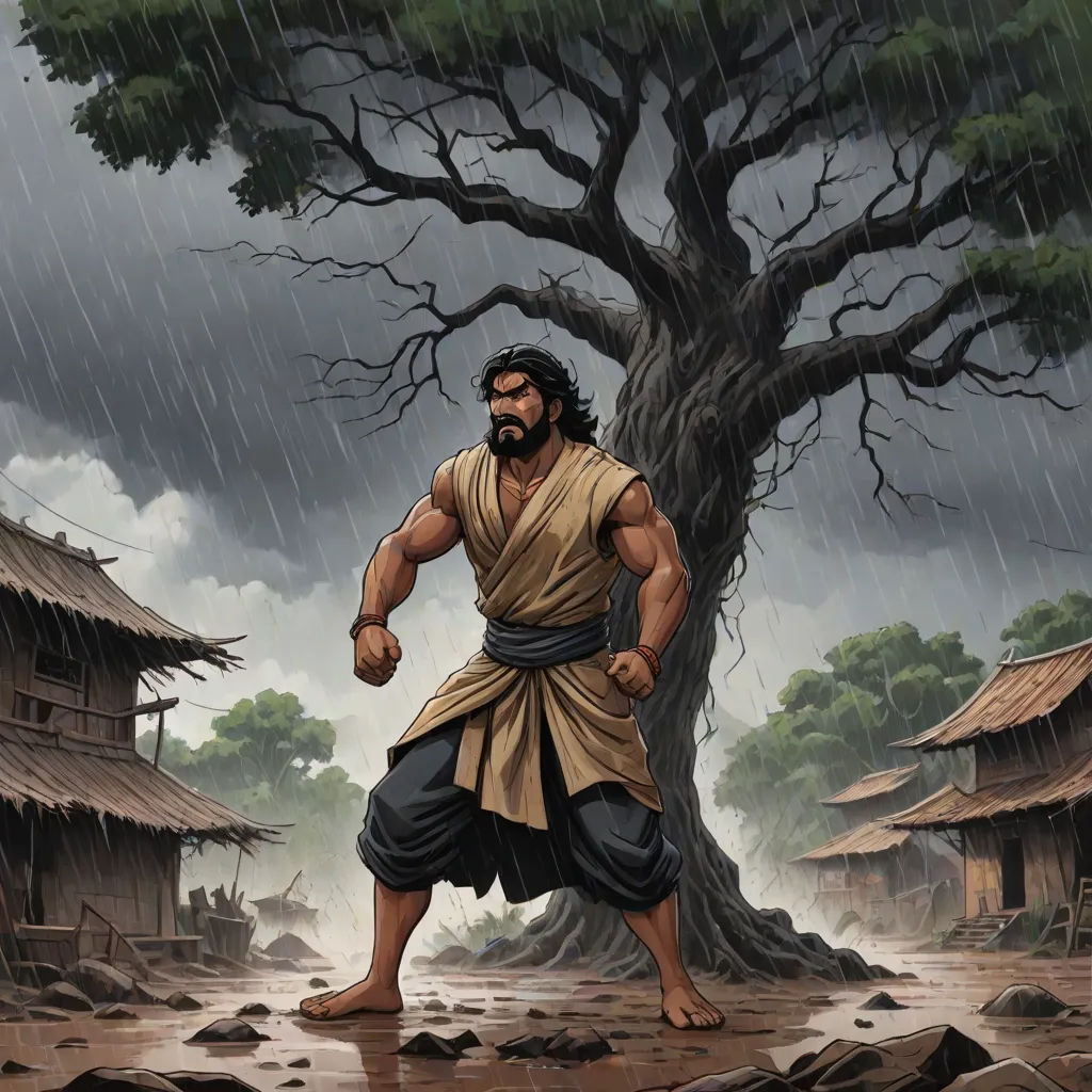 a man standing in the rain with a tree in the background and a house in the background with a tree in the foreground, sōsaku hanga, a comic book panel, Baiōken Eishun, official art