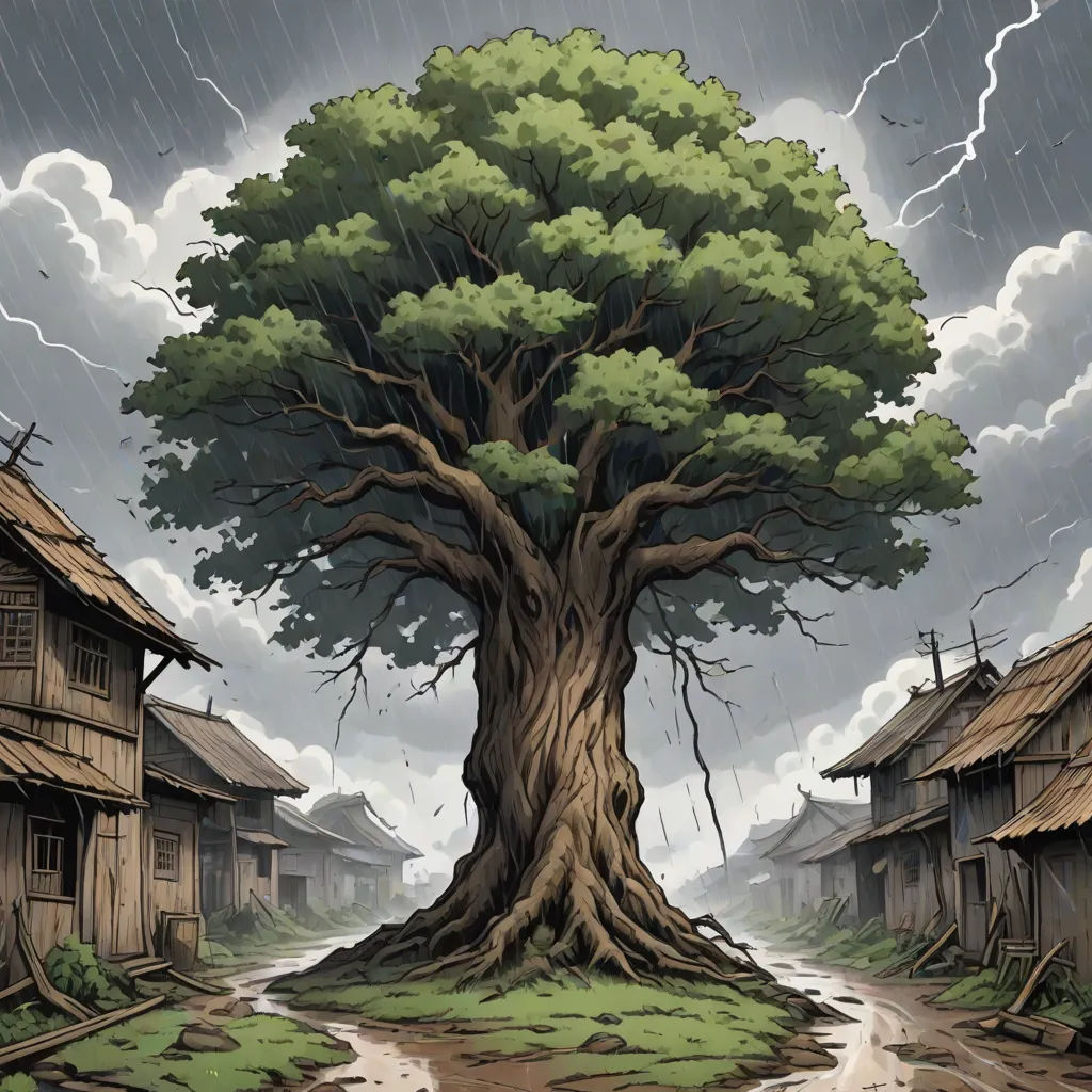 a tree in a village with a storm coming in from the sky and rain falling down on it,, fantasy art, a detailed matte painting, Dan Mumford, roots
