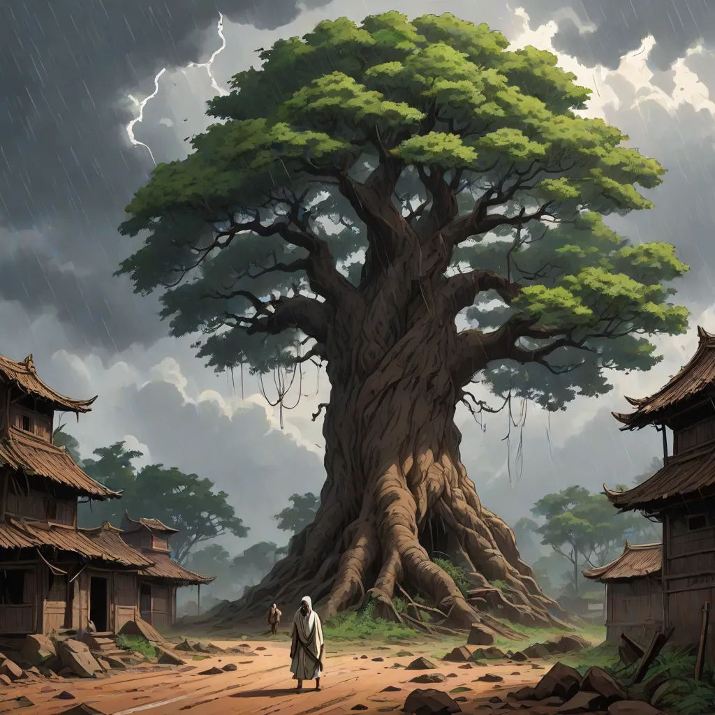 a man walking down a dirt road past a tree with a huge trunk on it's trunk and a man standing in front of it, fantasy art, a detailed matte painting, Andreas Rocha, magic the gathering artwork