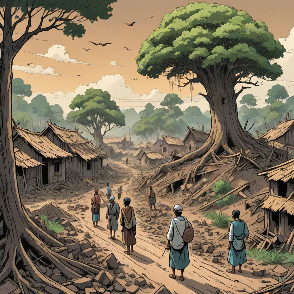 a painting of a village with people walking down a dirt road and a tree with a few branches on it, afrofuturism, a comic book panel, Asaf Hanuka, graphic novel