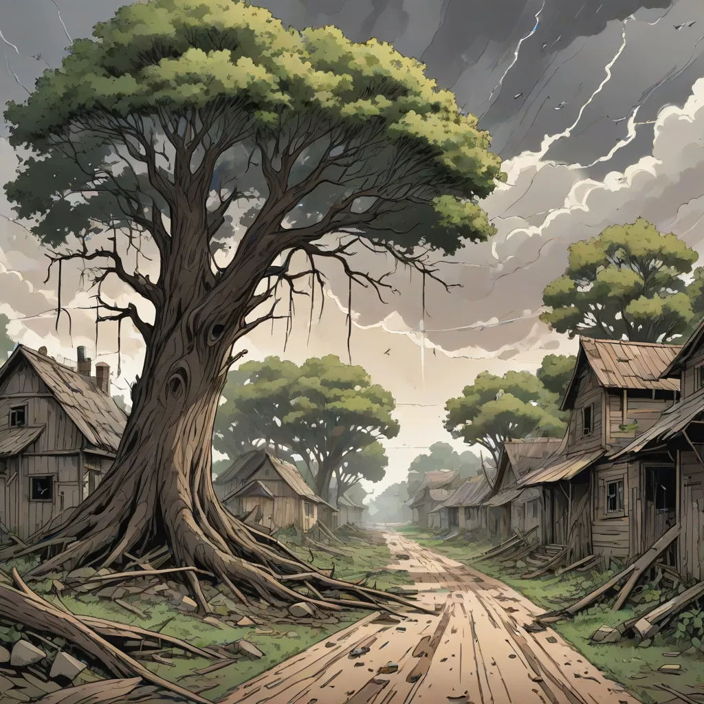 a painting of a tree in a rural area with a dirt road leading to a house and a tree, fantasy art, a detailed matte painting, Andreas Rocha, official art