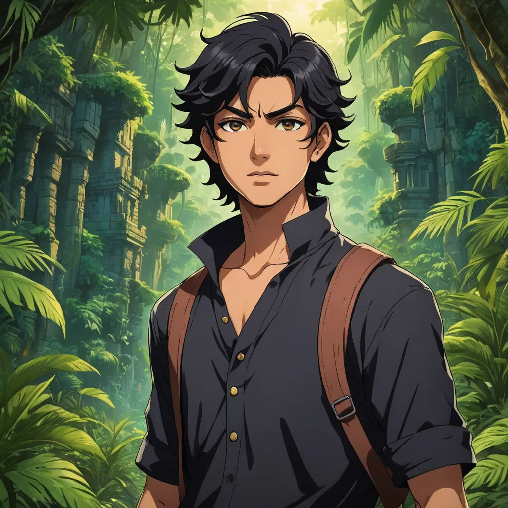 a man in a jungle with a backpack on his shoulder and a jungle background with trees and bushes behind him, naturalism, a character portrait, Cedric Seaut (Keos Masons), official art