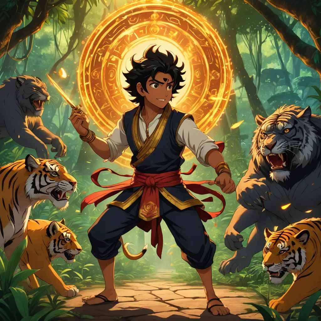 a man in a jungle with tigers and a ring of fire in the background of the image is a tiger, bengal school of art, poster art, Anthony Devas, comic cover art