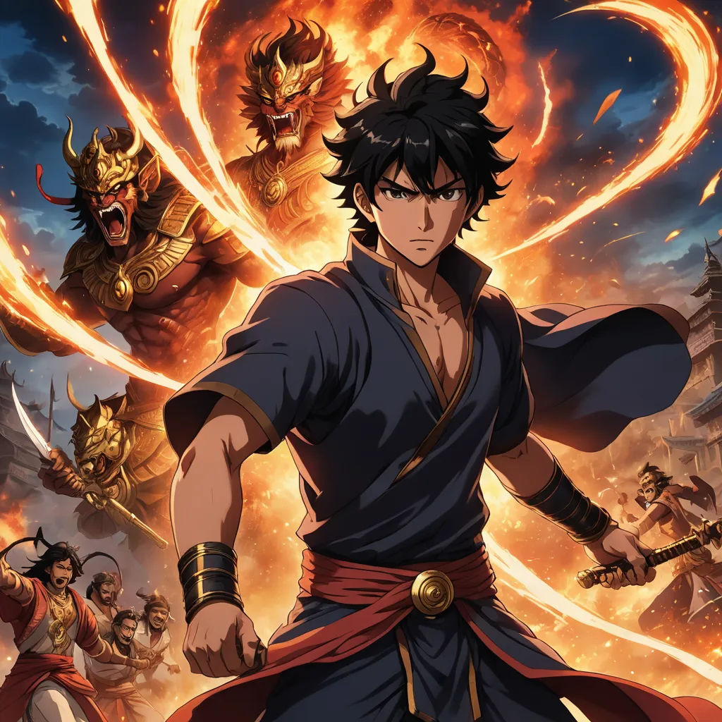 a man in a black outfit standing in front of a fire filled sky with two demonic men behind him, dau-al-set, poster art, Baiōken Eishun, official art