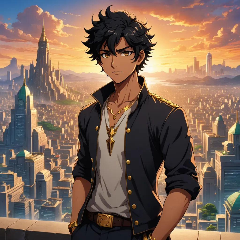 a man in a suit standing in front of a cityscape with a sunset in the background and a cityscape in the foreground, rayonism, a character portrait, Cedric Seaut (Keos Masons), anime key visual