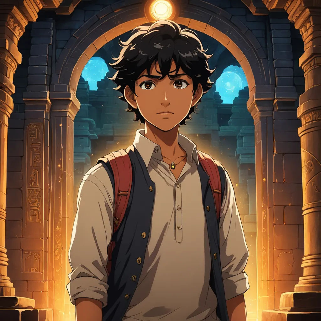 a man with a backpack standing in front of a doorway with a light on his head and a light on his forehead, fantasy art, egyptian art, Cedric Seaut (Keos Masons), rossdraws global illumination