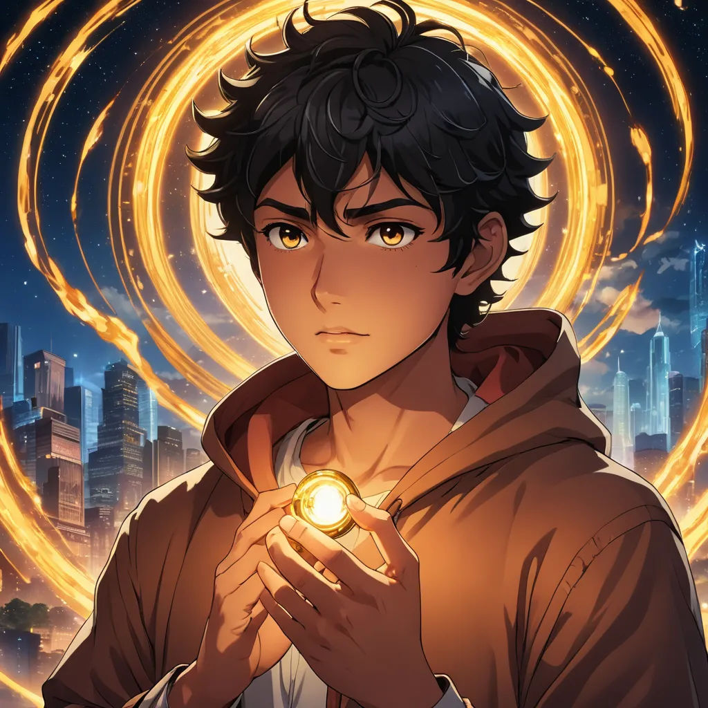 a young man holding a glowing ball in his hands in front of a cityscape with a glowing ring, rayonism, a character portrait, Cedric Seaut (Keos Masons), rossdraws global illumination
