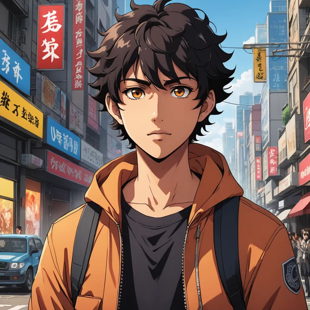a man in a brown jacket standing in front of a city street with buildings and cars in the background, photorealism, a character portrait, Cedric Seaut (Keos Masons), official art