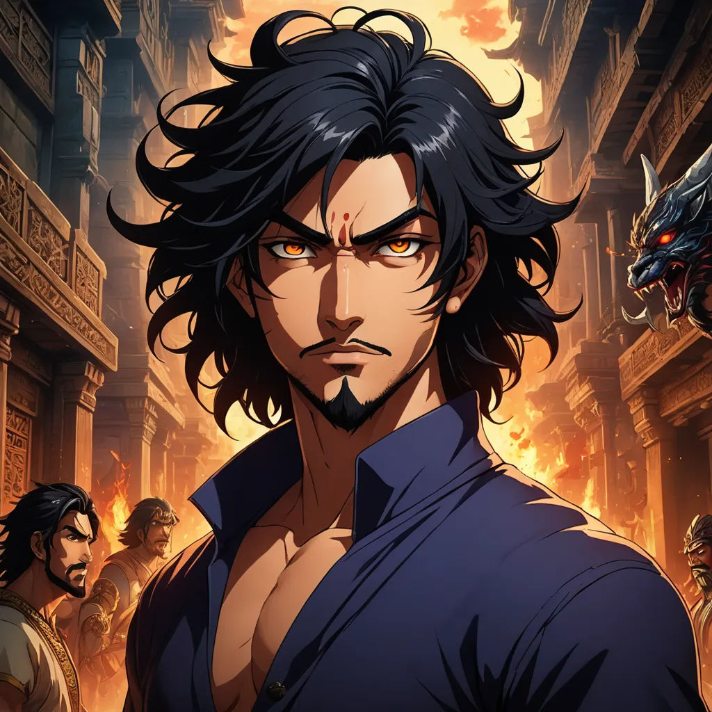 a man with long hair and a demon face in front of a city street with other men in the background, serial art, poster art, Altoon Sultan, official art