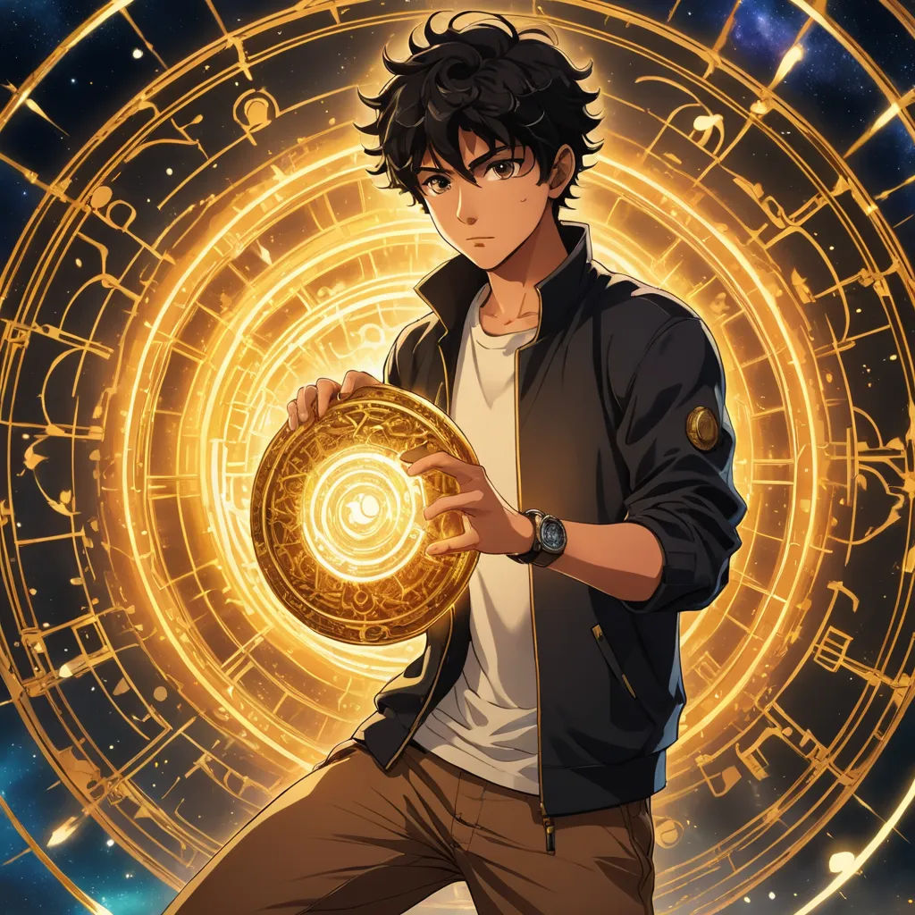 a man holding a golden object in his hand in front of a golden circle of numbers and symbols in the background, rayonism, a character portrait, Cedric Seaut (Keos Masons), anime key visual