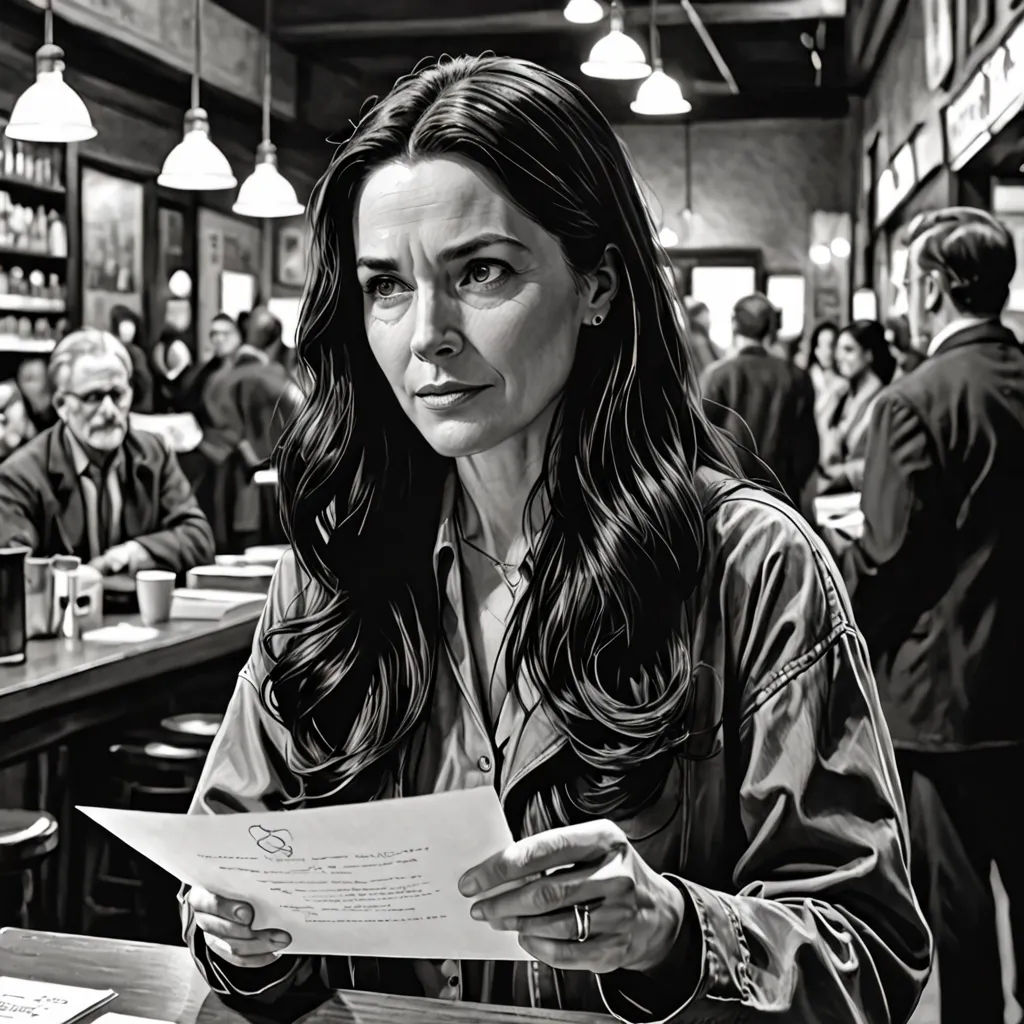 a woman sitting at a bar holding a piece of paper in her hand and looking at the camera with a serious look on her face, Clarice Beckett, hyperrealism, a black and white photo, promotional image