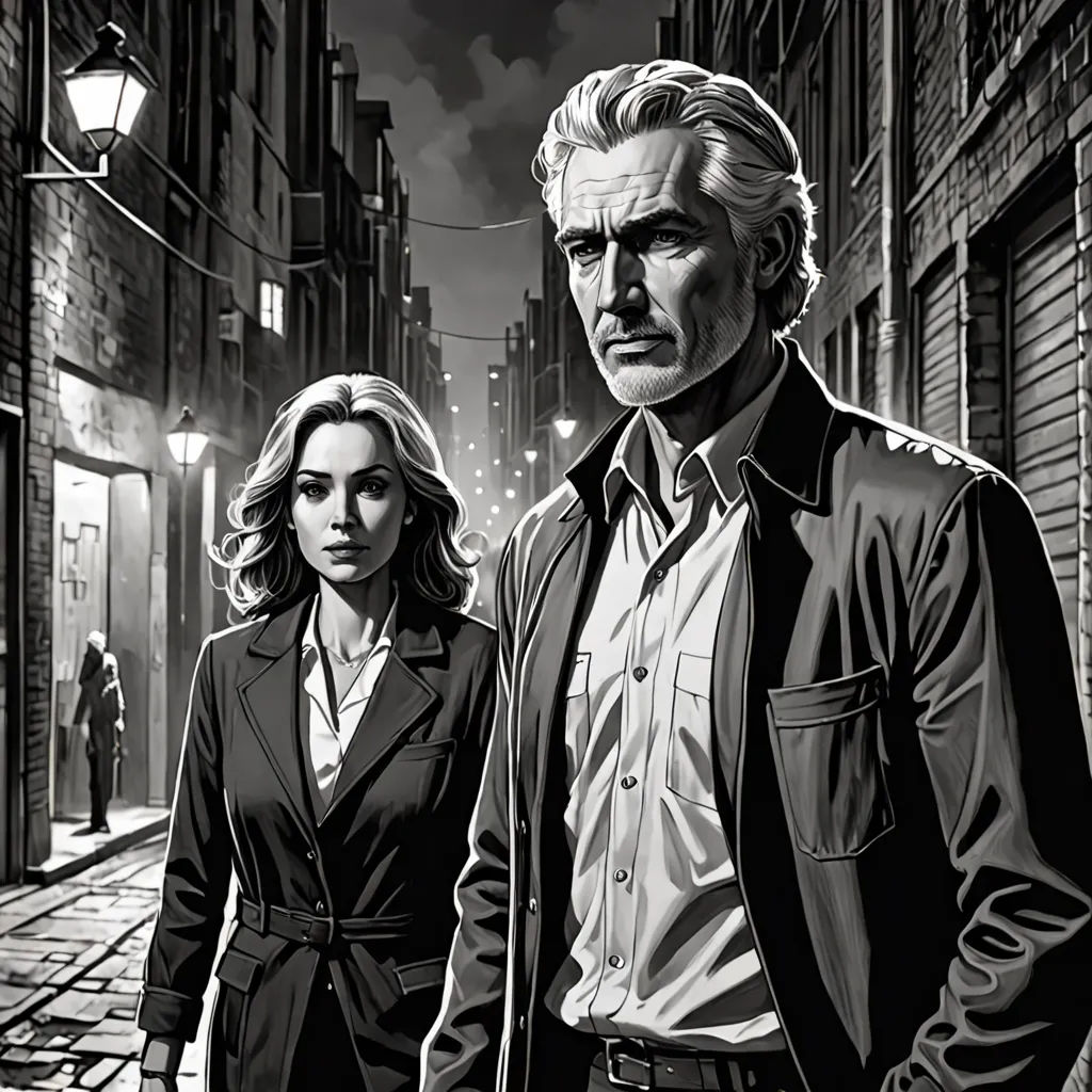 a man and a woman standing in the street next to each other in a black and white drawing of a man and woman, David Palumbo, serial art, a comic book panel, promotional image