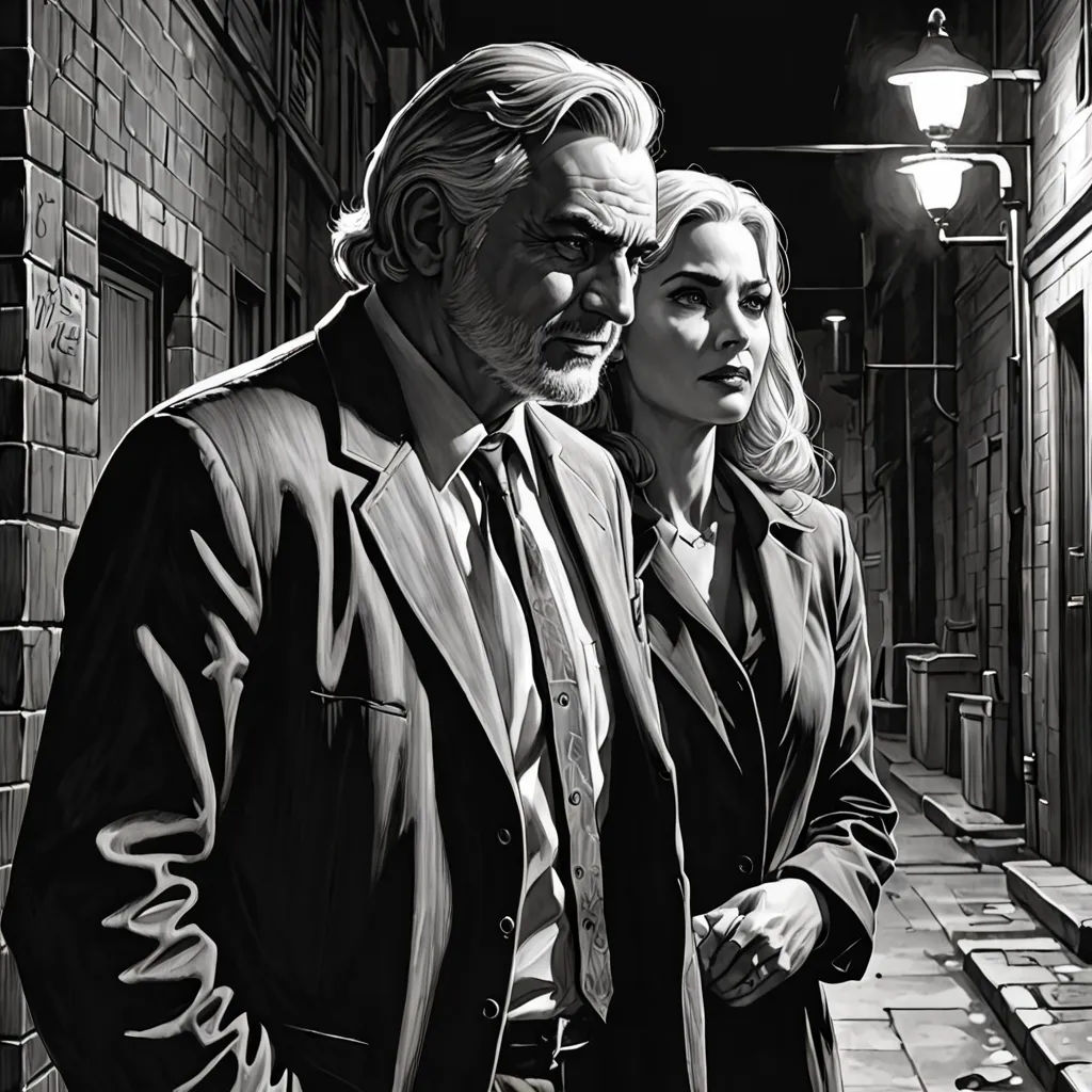 a man and a woman standing in a dark alley with a light on the side of the street and a brick wall, David Palumbo, modern european ink painting, a comic book panel, film noir