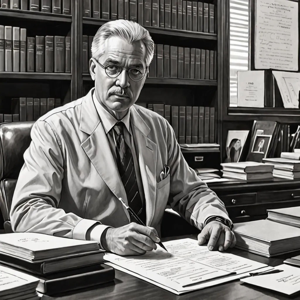 a man sitting at a desk with a book and papers in front of him and a bookcase behind him, F. Scott Hess, neoplasticism, an ultrafine detailed painting, highly detailed digital painting